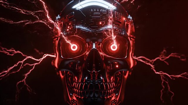 Cybernetic skull with glowing red eyes and electric discharge energy
