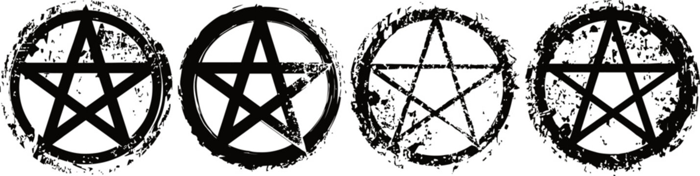 grunge black pentagram symbols set with distressed circular borders for mystical and occult themes