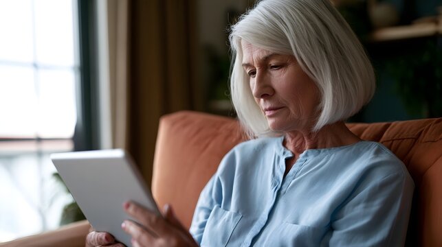 Senior woman with white hair sits on an orange couch holding a tablet and looking at its screen