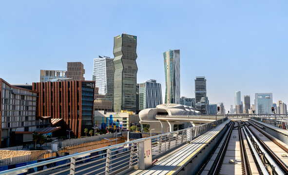 Riyadh, Saudi Arabia - February 20, 2026: The modern skyline of King Abdullah Financial District featuring the KAFD Metro Station and Public Investment Fund Tower.