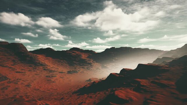 Dramatic Alien Mars Landscape With Misty Canyons And Cloud Sky