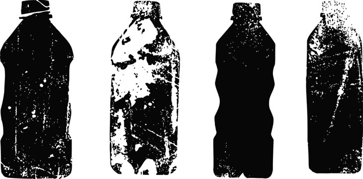 Silhouettes of four plastic bottles with different shapes and textures in black and white