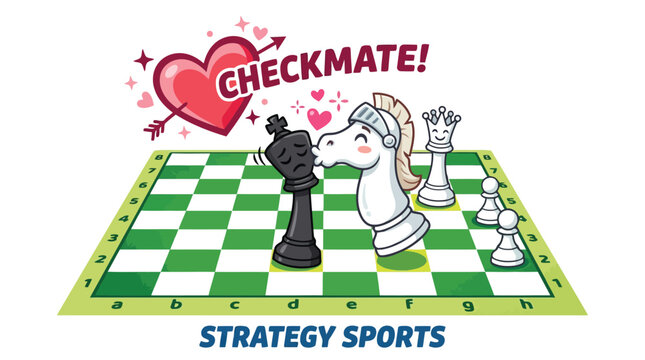 White knight chess piece kissing black king checkmate concept vector