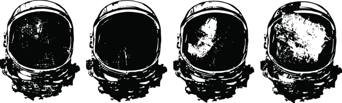 vintage astronaut helmets set four hand drawn space helmets with reflective visors retro sci fi exploration gear illustration