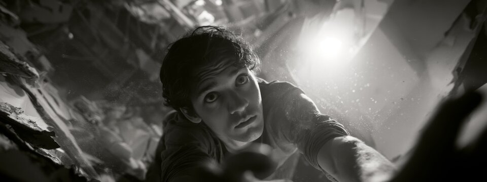 Dramatic Black and White Portrait of a Young Man Reaching for Light in a Grungy Environment