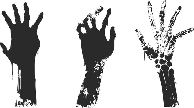 Three zombie hands with decayed flesh and exposed bones in black silhouette