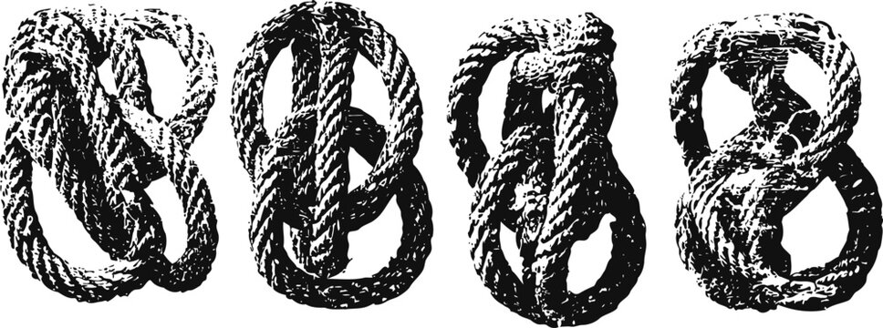 Four black and white vintage rope knots forming artistic circular and oval shapes