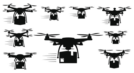Obraz premium Delivery Drones Carrying Packages Black Silhouette drone quadcopter quadcopters aerial