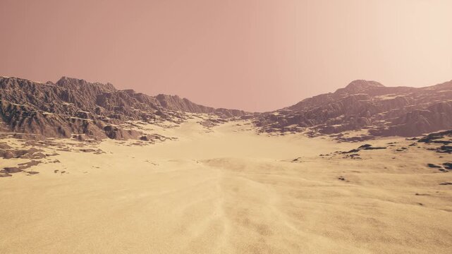 Arid Desert Valley With Rocky Mountain Range Under Hazy Pale Sky