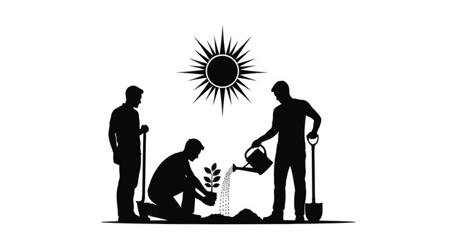 Gardeners planting and watering a tree black silhouette tree sapling