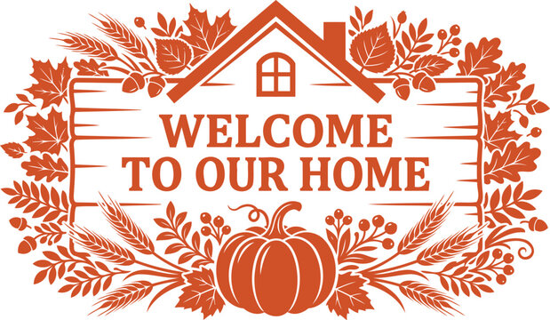 Autumn welcome sign with pumpkins wheat and fall leaves vector illustration