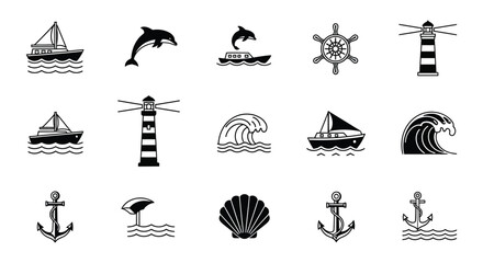 Obraz premium Nautical Icons Collection Featuring Ships Waves And Anchors Silhouette anchor