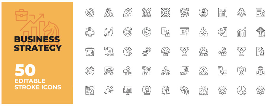 Set of 50 business strategy line icons for professional corporate planning and management tasks
