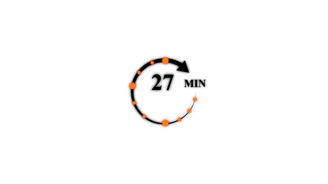 black circular timer icon with 27 minute countdown and arrow on white screen background 27 minutes clock 4k video