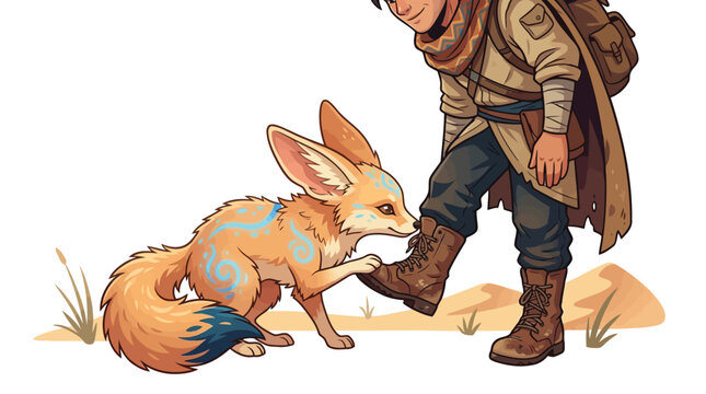 Fantasy explorer traveler meeting magical fennec fox in desert setting