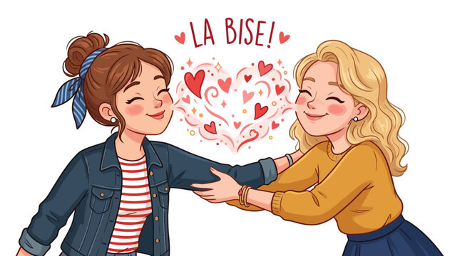 Two happy women friends sharing affectionate kiss on cheek as greeting