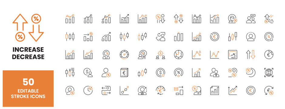 Fifty professional editable stroke icons for financial increase and decrease market analysis