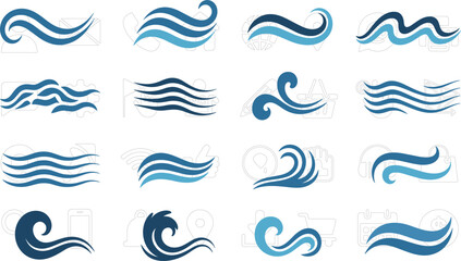 Naklejka premium Blue ocean water wave icons set for marine environment sea surf splash swimming pool plumbing ripple decoration vector