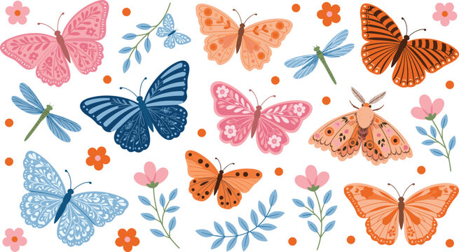 Butterfly and dragonfly illustration set featuring colorful moths floral blossoms and leaves for spring seasonal patterns greeting cards surface textile graphic design