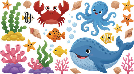 Sea creatures cartoon characters vector collection featuring whale octopus crab fish starfish and coral reef elements for kids nursery ocean theme graphic design © HELEN QUEEN