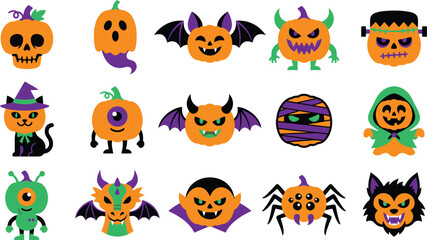 Fototapeta premium Halloween pumpkin characters and symbols for kids party decorations