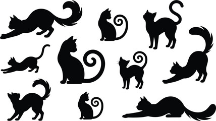 Cat silhouettes vector set featuring black feline characters sitting stretching and walking for Halloween decorations pet shop logos spooky designs and creative crafting projects © HELEN QUEEN