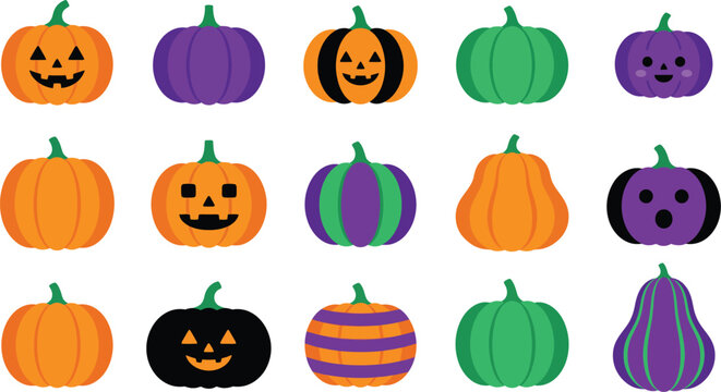 Colorful halloween pumpkins collection jack o' lanterns decorative gourds and festive autumn designs
