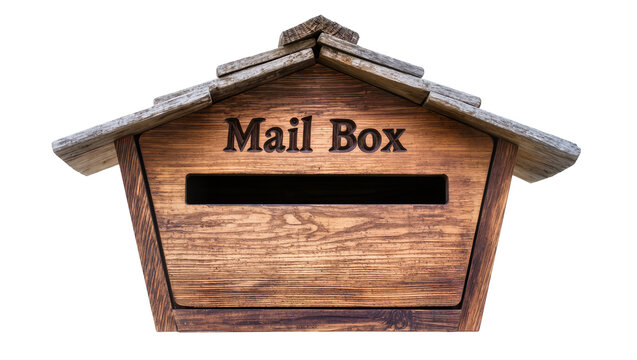 Isolated rustic wooden mailbox with a traditional design, perfect for sending letters