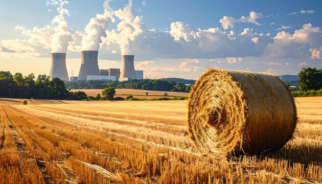 A rural landscape featuring a harvested field with a large hay bale in the foreground and a nuclear power plant emitting steam in the distance under a sunny sky