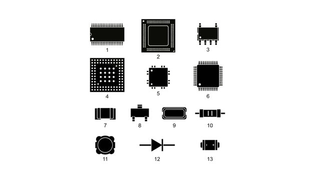 Microchip Icons Set with Various Circuit Layouts, Connector Pins, and Technology Symbols on White Background