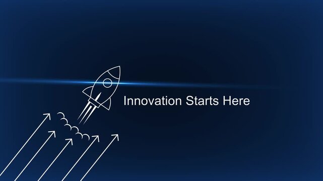 Innovation starts here: rocket launch concept with rising arrows for business growth, technology development, and startup success