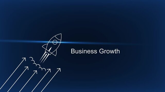 Business growth concept with rocket launch animation and upward arrows on dark blue background startup