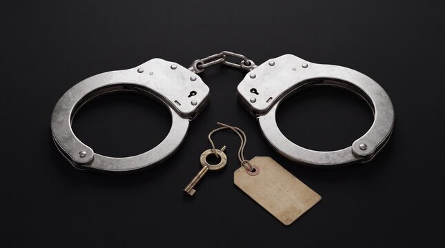Metal handcuffs and evidence tag with key on black background with tag dark surface handcuffs brass investigation correctional restriction punishment conviction