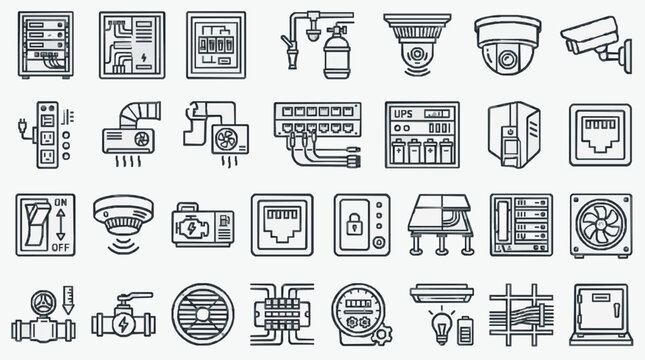 Sleek Black and White Line Icons Set Featuring Security Electrical Networking and HVAC Equipment