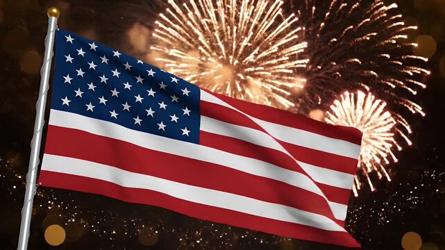 United States flag waving with festive fireworks display in the night sky