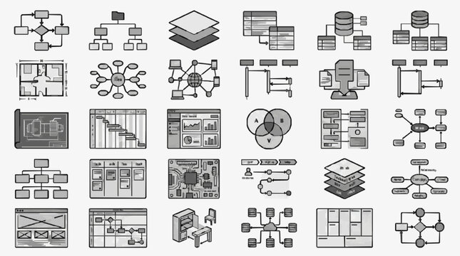 Elegant Collection of 30 Minimalist Black and White Icons Representing Various Data Structures System Architectures and Workflows
