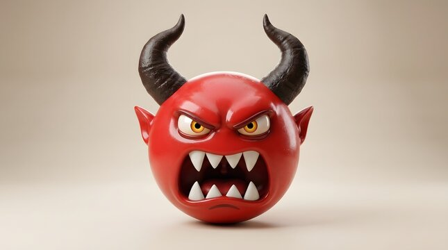 A 3d rendered red devil emoji character with horns, sharp teeth, and an angry expression, isolated on a neutral background