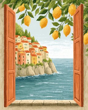 Vertical Rustic painterly illustration of a window view with lemon branches framing a colorful Italian cliffside village on the Amalfi Coast, ideal for travel poster art and summer stories.