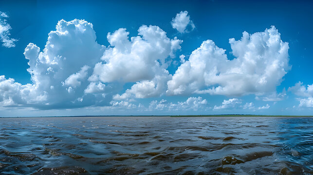 Wide Panoramic Landscape of Chalan Beel During Peak Water Level with Blue Sky and White Clouds