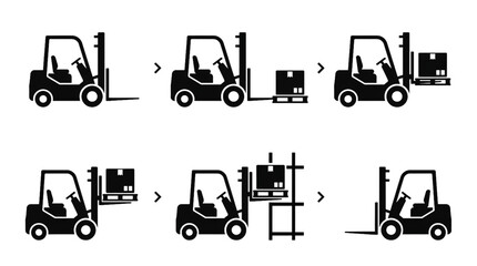 Six Forklift Loading and Unloading Vector Icons for Warehouse Logistics and Cargo Handling © B