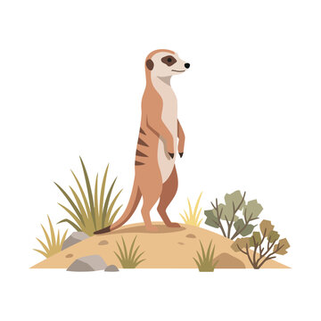 Alert meerkat standing on desert sand hill, wild suricate animal in savanna habitat, flat vector nature illustration