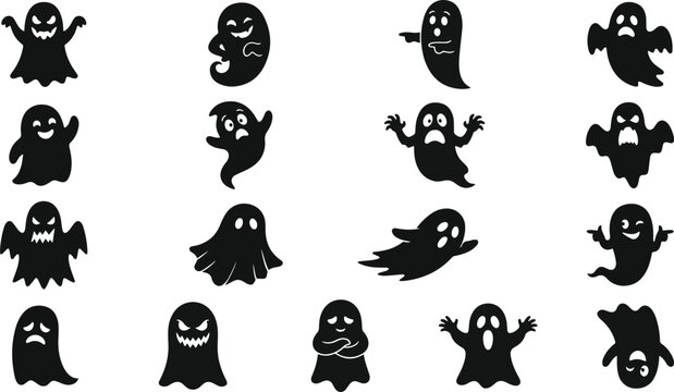 Collection of 15 unique black ghost silhouettes with various expressions and poses for halloween decorations or designs
