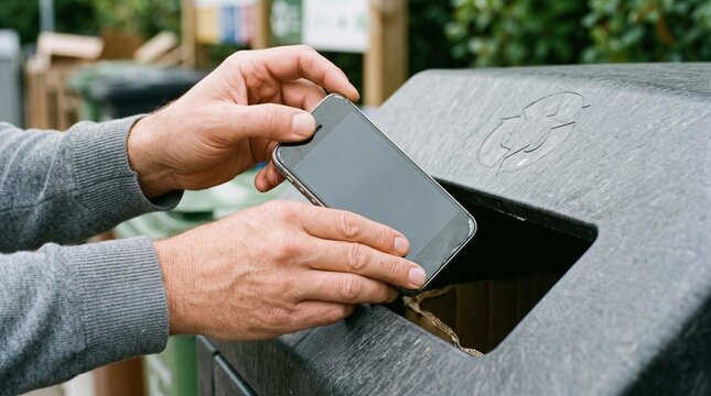 Adult hands place an old unbranded smartphone and cables into a clean e-waste recycling bin. The image represents responsible technology, recycling, circular economy, and sustainable disposal.