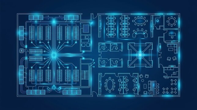 Cinematic interior of a futuristic data center office bathed in glowing blue light, representing high-speed cloud computing and AI technology servers.