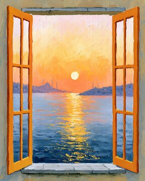 Vertical Impressionist oil painting of an open window overlooking the Bosphorus in Istanbul at sunrise, with mosques on the horizon, evoking a sense of tranquil travel and new beginnings.