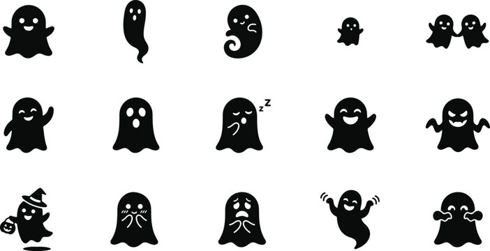 Collection of 15 unique black ghost emojis with various expressions on white background for halloween or spooky designs