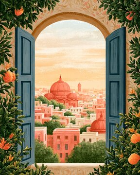 Vertical Textured painterly illustration of an open window viewing a historic Indian cityscape with terracotta domes at sunrise, framed by orange trees for a serene travel concept.