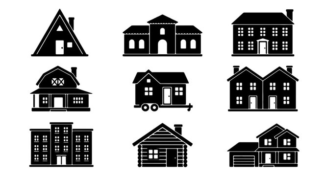Diverse Residential Buildings Collection, Modern and Traditional House Silhouettes, Architectural Icons for Real Estate and City Planning, Vector Graphics