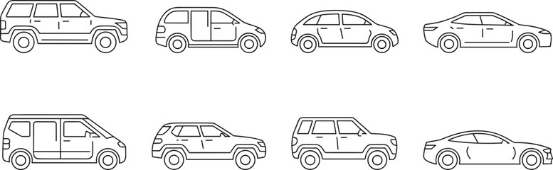 Obraz premium Car body types outline icons set for vehicle classification transportation auto rental showroom and side view symbols
