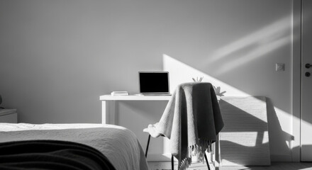 Naklejka premium Serene Minimalist Bedroom Workspace With Natural Light And Cozy Touches